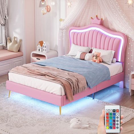 Letto singolo trapuntato 90x200 cm, tessuto similpelle, con illuminazione LED, testiera a forma di corona, rete a doghe, letto bambini stile moderno - rosa