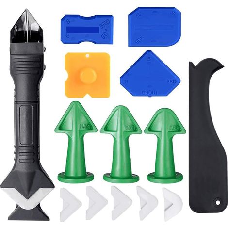YMYNY Silikon-Dichtungswerkzeug-Set, 15-teilig, 3-in-1-Dichtungswerkzeug-Set mit Kunststoffschaber, Dichtungswerkzeugen, perfekt für Badezimmer, Küche, Waschraum (1/5)