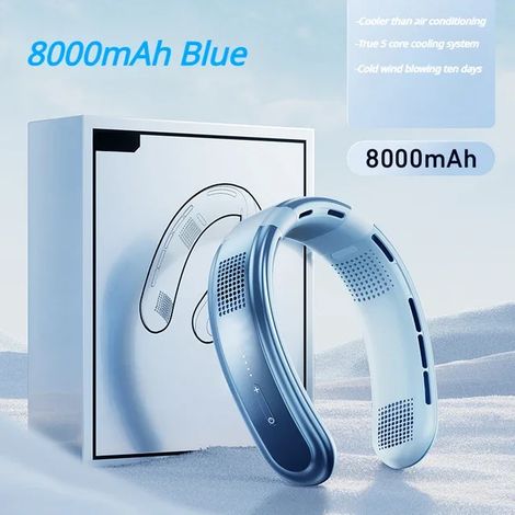 (Bleu, 8000 mAh) Ventilateur portable rechargeable à tour de cou avec trois vitesses de vent, adapté aux activités de plein air. (1/4)