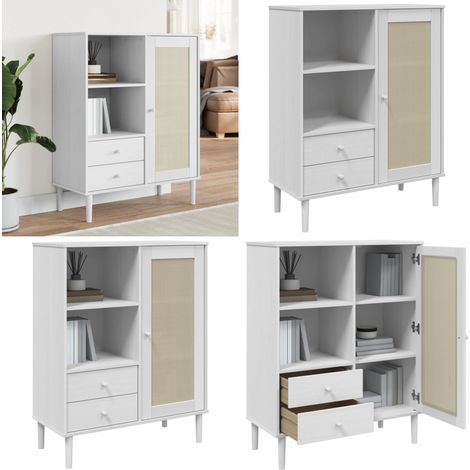 Highboard SENJA Rattan-Optik Weiß 90x40x112 cm Kiefernholz - Hochboard - Wohnzimmermöbel - Sideboard - Regal - TV-Schrank - Home & Living