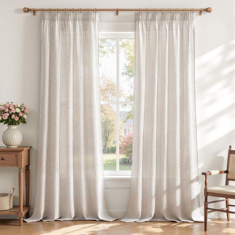 Lot de 2 Rideaux Voilage Galon Fronceur Effet Lin Semi-Transparent, Rideaux et Draperies Voilages Intérieurs pour Salon Moderne Salle à Manger Chambre Adulte, 140x245 cm, Brun Clair (1/5)