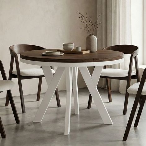 Table de salle à manger ronde extensible PERO avec cerclage métallique, style loft, diamètre : 100 / 200 cm, couleur : Franklin noyer / blanc (1/5)