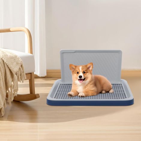 Dog Potty Training Toilet, Blue Large Mesh Grid Dog Pee Pad Holder with Post and Protection Wall, Portable Indoor Pet Potty Tray for Large Small Medium Pets, 19.88x15.35x1.18 in (1/5)
