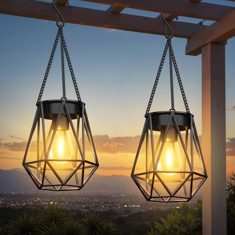 Lot de 2 lanternes solaires de jardin à suspendre en métal pour l'extérieur avec ampoule LED, IP65 étanche pour l'extérieur, Noël, Halloween, terrasse, pelouse, balcon, cour (1/5)