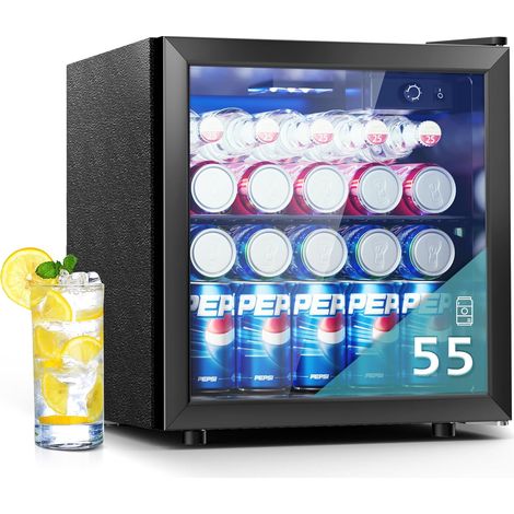 EUHOMY Getränkekühlschrank, Mini Kühlschrank mit Glastür, Bierkühler, Tisch-Getränkekühlschrank für 55 Dosen, Schwarz Freistehender Kühlschrank mit LED, 38dB, für Büro, Zimmer, Bar, 36L, Geräuscharm,A