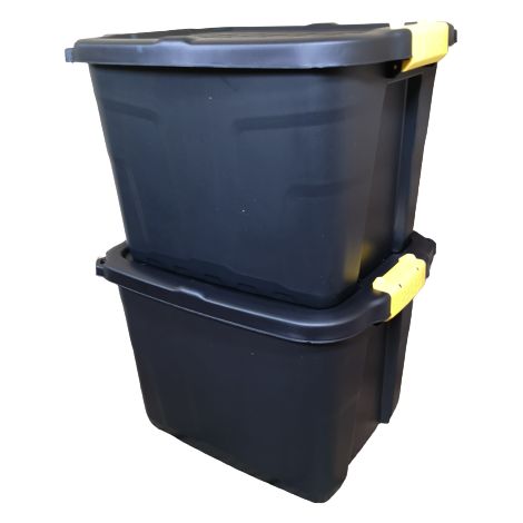 2 x 42L Heavy Duty Storage Tubs Sturdy, Lockable, Stackable and Nestable Design Storage Chests with Clips in Black (1/5)
