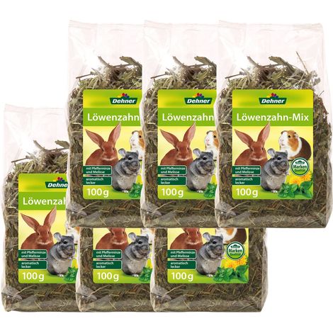 Dehner Spuntino per roditori, 100% naturale, per conigli/roditori, dente di leone con fieno, menta piperita, melissa, 6 x 100 g (600 g) (1/3)
