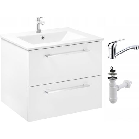 Waschtischunterschrank mit Waschbecken – 60 x 47 cm – Hochglanzweiß – Schubladen – Schwenkbarer Wasserhahn