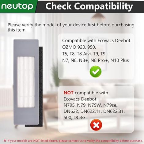 Filtres de rechange compatibles avec Ecovacs Deebot OZMO 920, 950, T5, T8, T8 Aivi, T9, N7, N8, N8+, N8 Pro+, robot aspirate (1/3)