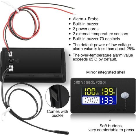 Indicateur de capacité de la batterie 12V affichage LCD voltmètre testeur de température pour Li-ion Lifepo4 plomb (1/5)