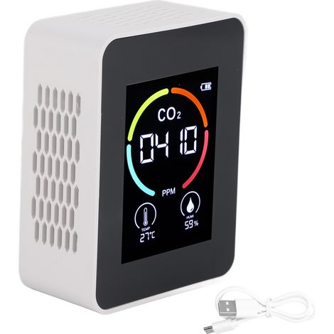 Détecteur de CO₂, thermomètre numérique, hygromètre, moniteur de qualité d'air, détecteur de TVOC et formaldéhyde (Blanc) (1/5)