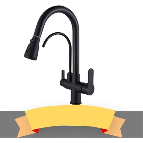 Robinet de cuisine, à deux poignées, eau chaude et froide, doté d'un mode pause et de trois modes de jet, adapté à [divers environnements] (Noir) (1/5)