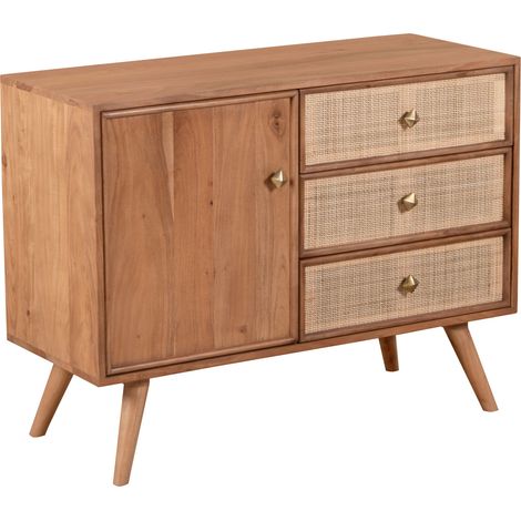 Buffet 1 porte et 3 tiroirs en bois d'acacia et cannage - NORIA