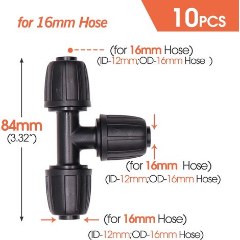 (Té 16 mm - 1/2'') 10 raccords de tuyau PE 16 mm à verrouillage, 4/6 voies, pour tuyau d'arrosage, séparateur d'eau. (1/5)