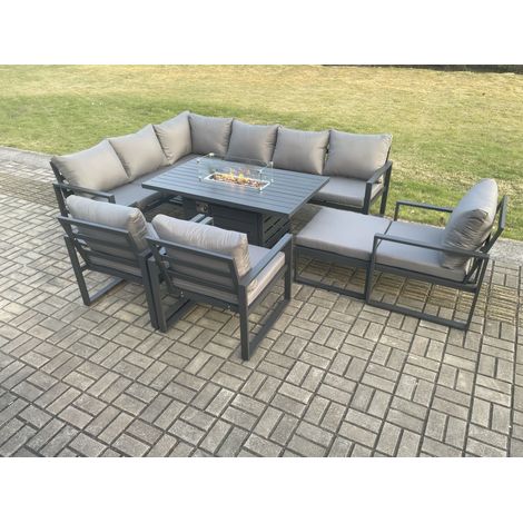 Fimous Aluminium Outdoor Garden Furniture Corner Sofa Gas Fire Pit Dining Table Sets Gas Heater Burner with 3 Chairs Big Footstool Dark Grey 10 Seater (1/5)