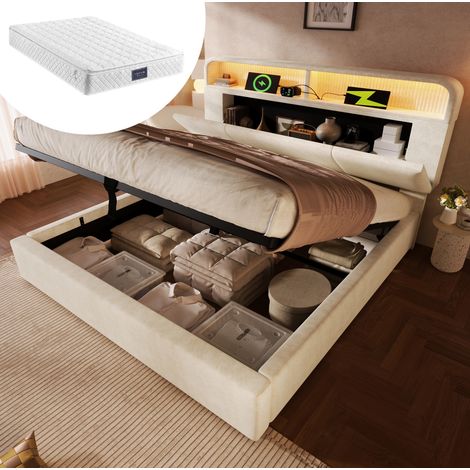 Cama doble canapé 160x200 cm en terciopelo beige con cabecero regulable, LED, USB/Type-C, somier de láminas y colchón (1/5)