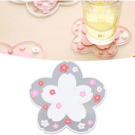 Sous-main isolant de 11,5 cm à motif de fleurs de cerisier japonaises, antidérapant, idéal pour la maison et le bureau, pour tasses à thé, à lait, à café, etc. (Blanc) (1/5)