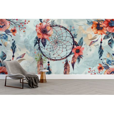 Papier peint boho grand attrape reves et fleurs dautomne - 400 x 260 cm (1/2)