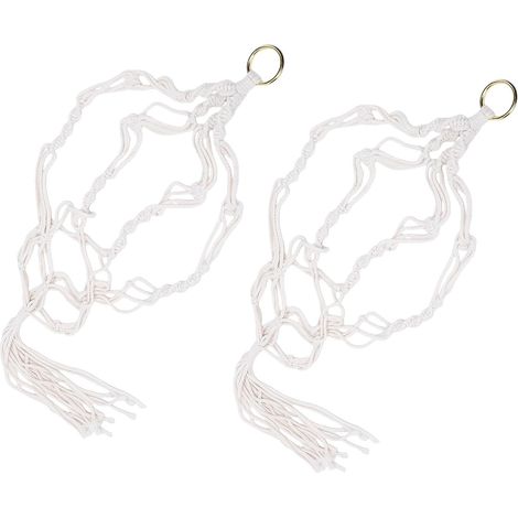 Suspension pour plantes en macramé, corde coton de 105 cm avec pompons, lot 2, panier suspendu (1/5)