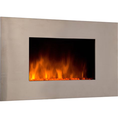 Chemin'Arte – Cheminée électrique murale inox 90 cm – Effet flammes LED réglable – Chauffage 2000W pour pièces jusqu’à 30 m² – Télécommande LCD