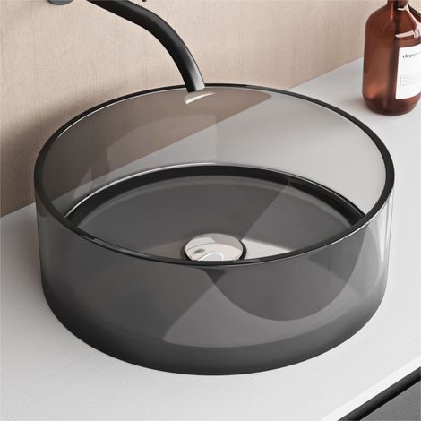 doporro Lavabo Redondo de Resina Transparente Gris 40x40x14 cm  Lavabo de Baño sobre Encimera  Antimanchas y Antiamarilleo  Resistente al Calor  Fácil Mantenimiento  Coloria01
