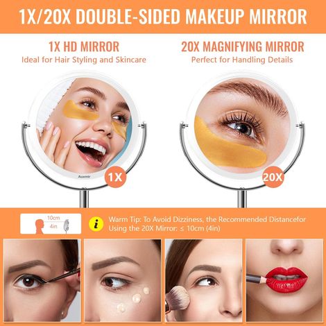 Miroir Maquillage Grossissant 1X et 20X Double Face, Miroir de Table avec Support Rotation à 360°, Pivote à Deux Côtés pour Chambre et Salle de Bain, Diamètre 17cm (1/4)