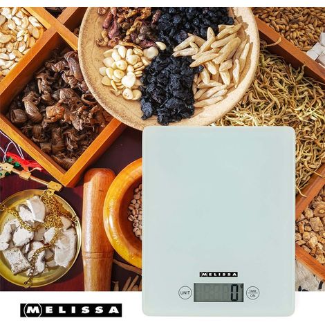 MELISSA Digitale Küchenwaage / Gehärtetes Glas / LCD-Display / Max. 5kg / Tara-Funktion / 1-Gramm-Schritte / Gramm / Unzen / Pfund / Milliliter