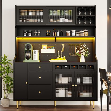 Meuble de rangement haut en bois noir 145x39x171 cm, buffet colonne pour salon, cuisine et salle à manger, avec étagères ajustables, éclairage LED intégré, tiroir et casier à bouteilles, armoire moder (1/5)