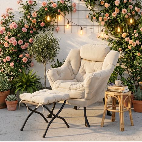 Fauteuil relax avec pouf, accoudoirs, poche latérale, 72 x 80 x 93 cm, beige DESVIAE (1/5)