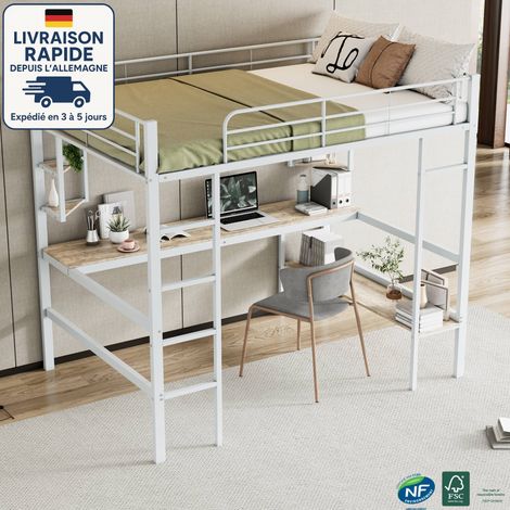 Cama alta para adultos 140x200 cm con 4 estantes de almacenaje y 1 escritorio, metal, blanco