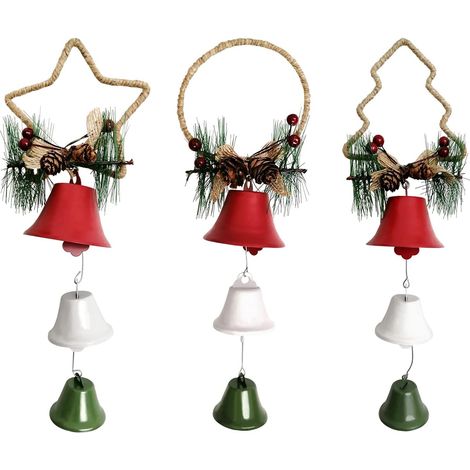 Set aus 3 Weihnachtsglocken zum Aufhängen über Türzapfen und roten Beeren