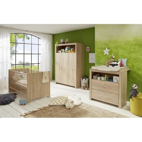 Les Tendances – Chambre bébé complète – Lit 70 x 140 cm – Commode à langer – Armoire 3 portes – Chêne – OLIVIA SONOMA
