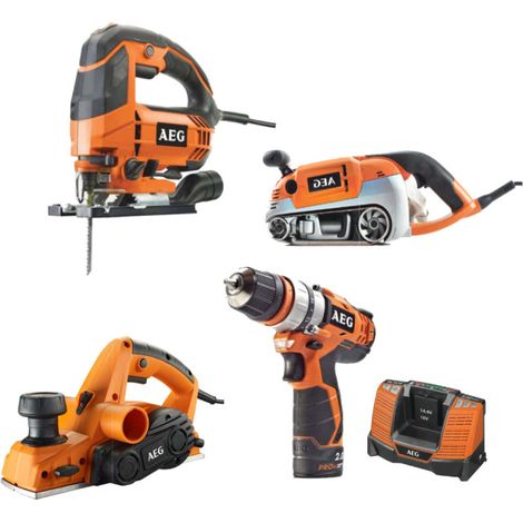 Pack AEG Pialla - 700W - Levigatrice elettrica a nastro - 1010W - Sega a pendolo elettrica - 700W - Trapano/avvitatore 1 (1/5)