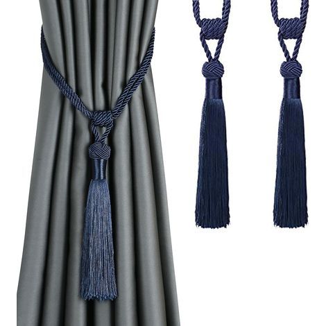Lot de 2 embrasses de rideaux à longs pompons, faites à la main, en corde tressée, style européen, décoratives (bleu foncé) (1/5)