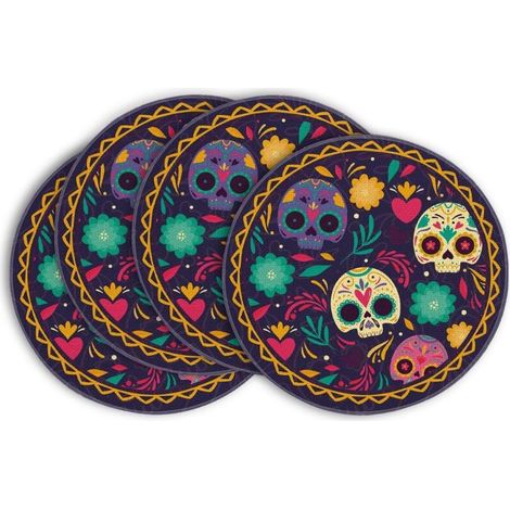 Sets de table tête de mort et fleurs, Jour des Morts, Mexique, Halloween, 37 cm, pour la cuisine, la décoration de table, la maison, les fêtes, lot de 4 (1/5)