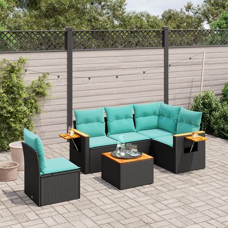 6-tlg. Garten-Sofagarnitur mit Kissen Schwarz Poly Rattan (1/5)