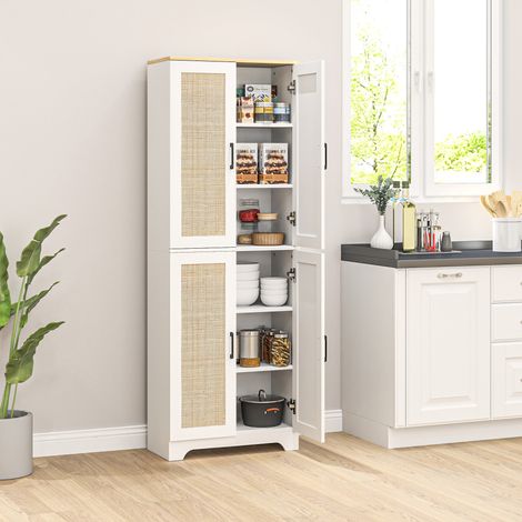 Alacena de Cocina con Estantes Ajustables Puertas de Ratán y Sistema Anti-vuelco 60x30x170 cm Blanco (1/5)