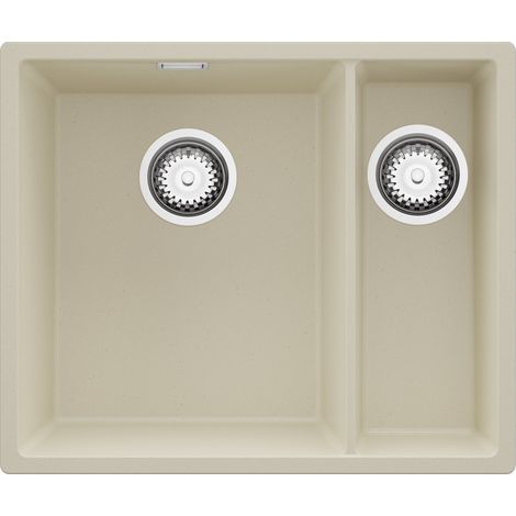 PRIMAGRAN Evier Cuisine en Granit 56x47cm,Lavabo 1,5 bacs + Kit de Vidage, Évier à Encastrer au meuble 60cm - London Slim Duo, Beige (1/5)