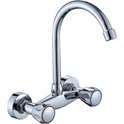Robinet Mural Cuisine 2 Boutons – Économie Eau, Aérateur Intégré, Pour Évier, Lavabo et Lave-linge