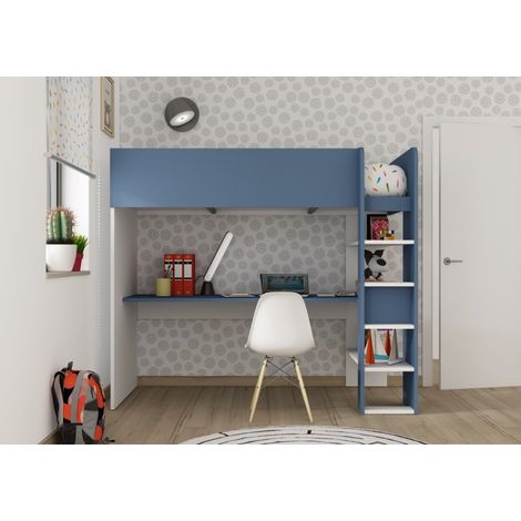 Letto a soppalco per bambini blu fumo e bianco opaco con scrivania - Florida (1/5)
