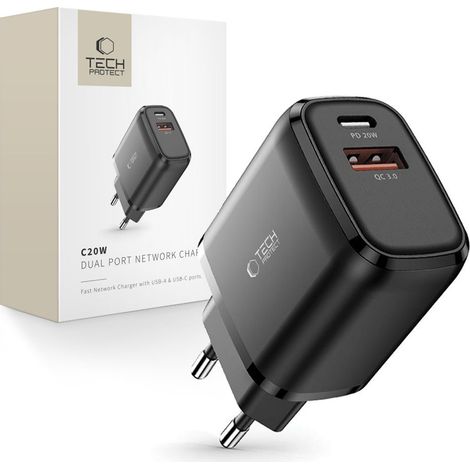 TECH-PROTECT C20W 2-Port-Netzwerkladegerät PD20W/QC3.0 Schwarz