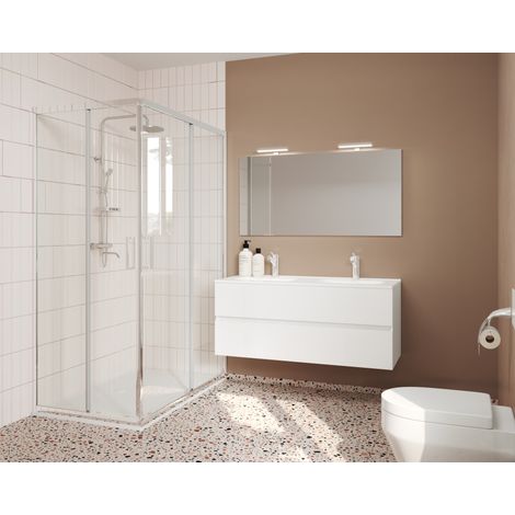 Meuble de salle de bain suspendu 120 cm en bois blanc brillant avec vasque et miroir - Empoli - Avec miroir et lampe LED