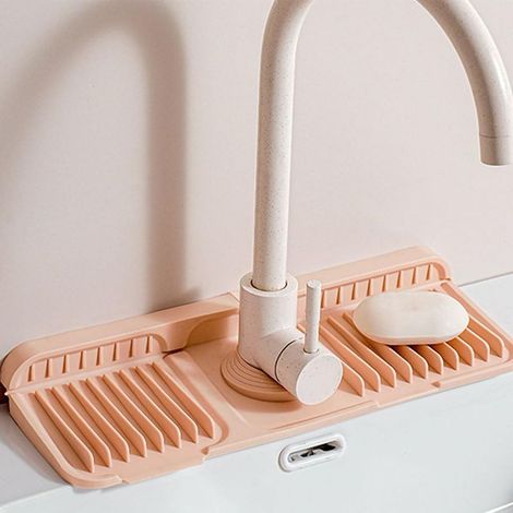 Tapis de Robinet en Silicone, Protection Anti-éclaboussures pour Robinet d'Évier, Tapis de Drainage Tampons de Robinet Tapis de Séchage pour Cuisine Comptoir Salle de Bain (Rose,37x14x2,1 cm) (1/5)