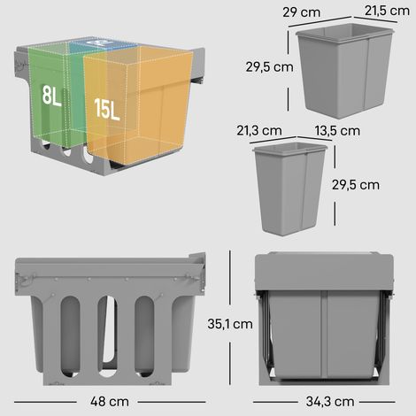 Poubelle coulissante sous évier avec 3 compartiments, capacité totale 31 L (15 L + 2 x 8 L), fixation par le bas, gris clair (1/5)