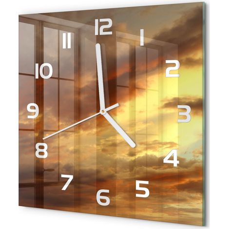 Horloge Murale Carrée Décoration Cuisine en Verre Trempé Silencieuse Moderne Lever du soleil 30x30 cm (1/5)