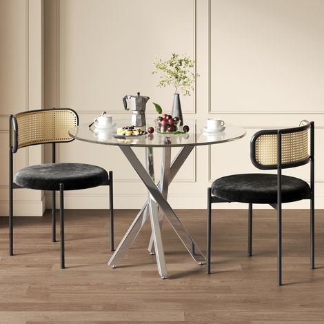 Ensemble table + 2 chaises plateau verre trempé 808075cm,pieds métal argenté élégants associés à des chaises noires modernes (1/5)
