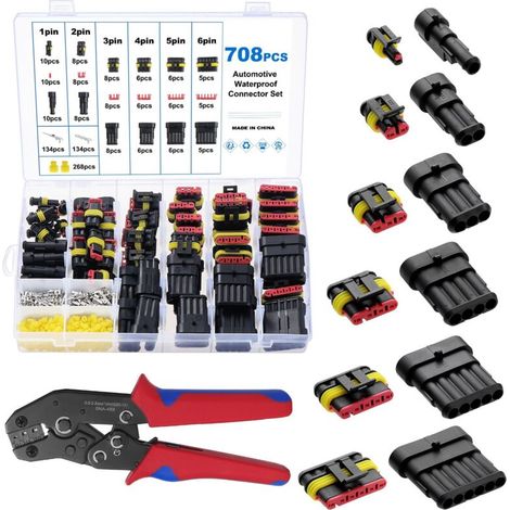 708 Pièces Connecteurs Étanches avec Pince à Sertir, Connecteur Electrique de Voiture Etanche 1/2/3/4/5/6 Broches, Imperméable à l'eau Connecteurs pour Moto Voiture Scooter Caravan, 20-13AWG