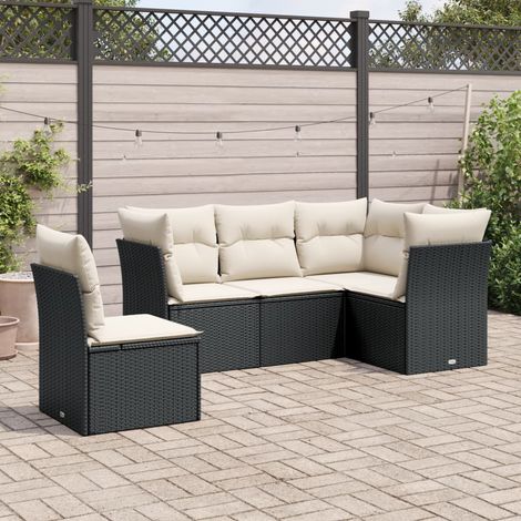 Ensemble Salon Jardin 5 Places Résine Tressée Noir avec Coussins Crème - Canapé d'Angle Modulaire (1/3)