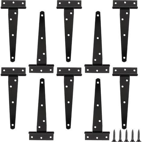 10 Pcs Charnières en T 6 Pouces, Charniere Porte Lourde en T, Charnières de Portes en T avec 70 Vis, Charnières Porte Robuste pour Portes, Fenêtres Clôture, Abris de Jardin, Antirouille