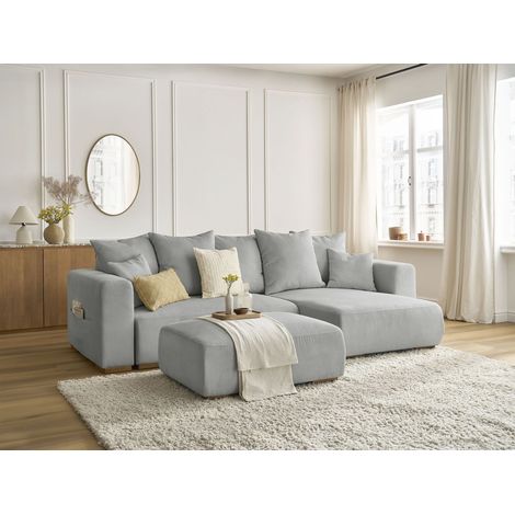 BOBOCHIC - Canapé d'angle convertible réversible coffre SIDONIE velours côtelé avec pouf Gris clair (1/5)